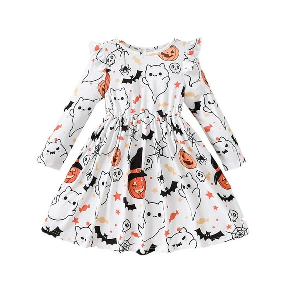 Coerni Halloween Christmas Dress Toddler Girls Dress Pumpkin Spider Ghost Print Dresses Long Sleeve A-Line Dress 2-8Y