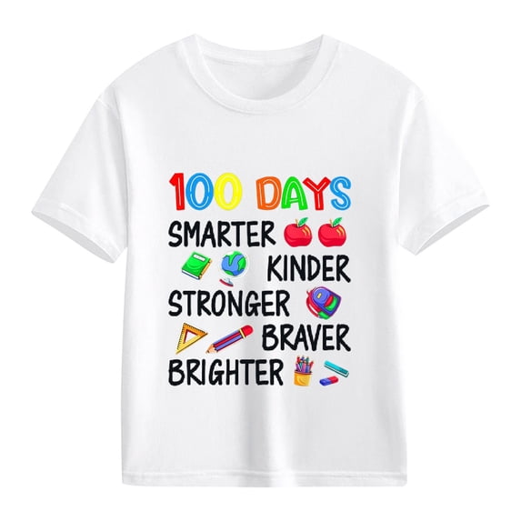 Coerni Happy 100 Days of School Shirt for Boys Girls Toddler Kids Letter Graphic Kindergarten Short Sleeve Tees Crewneck Tops
