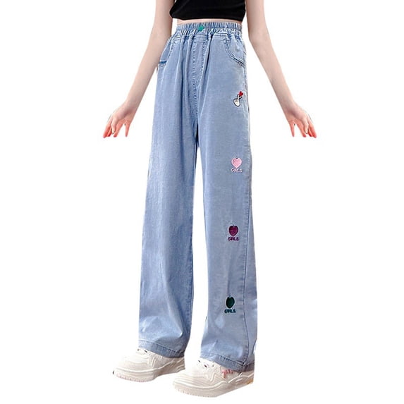 Coerni High Waisted Denim Pants for Girls Loose Fit Straight Leg Jeans Elastic Waist Denim Pants Teen Kids Wide Leg Trousers