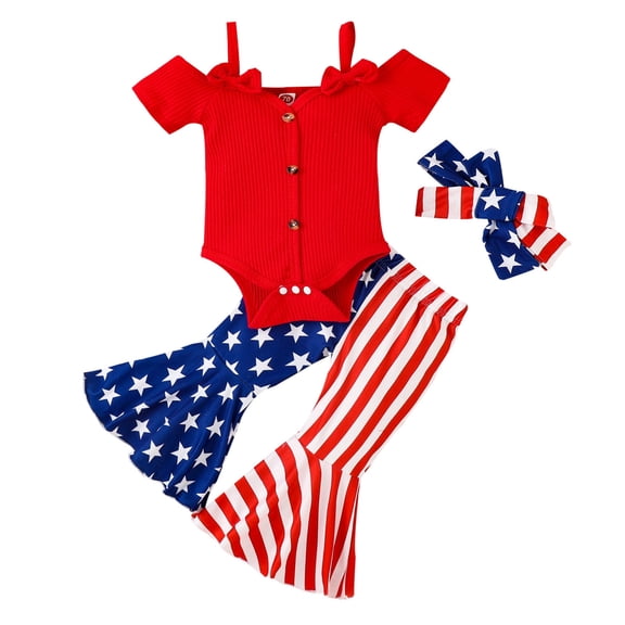 Coerni Independence Day Toddler Girl Short Sleeve Strap Rib Knit Romper Button Bodysuit Flare Pants Headband Outfits Set