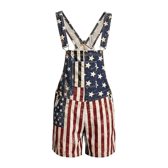 Coerni July 4th Denim Overalls for Boys & Girls American Flag Printed Bib Jumpsuits Independence Day Celebration Shorts Rompers 5-14 Years