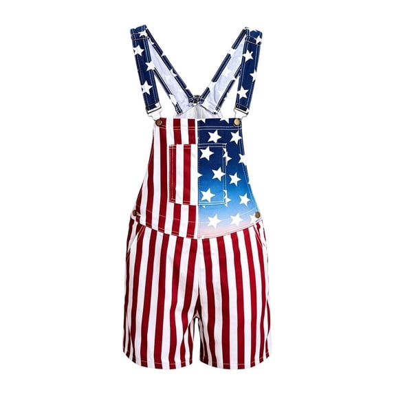 Coerni July 4th Denim Overalls for Boys & Girls American Flag Printed Bib Jumpsuits Independence Day Celebration Shorts Rompers 5-14 Years