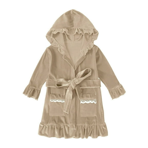 Coerni Kid Girls Gold Velvet Lace Pajamas Toddler Ruffle Hoodie Bathrobe Girl Robe with Belt Leisure Sleepwear Nightgown