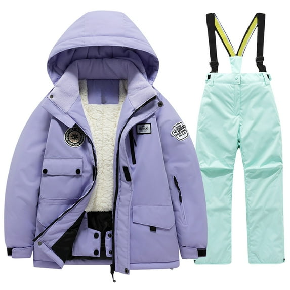 Coerni Kids 2 Piece Snowsuit Set Winter Hooded Puffer Snowsuit Fleece Lined Jacket with Track Pants Girls Snow Suits Ski Outfit