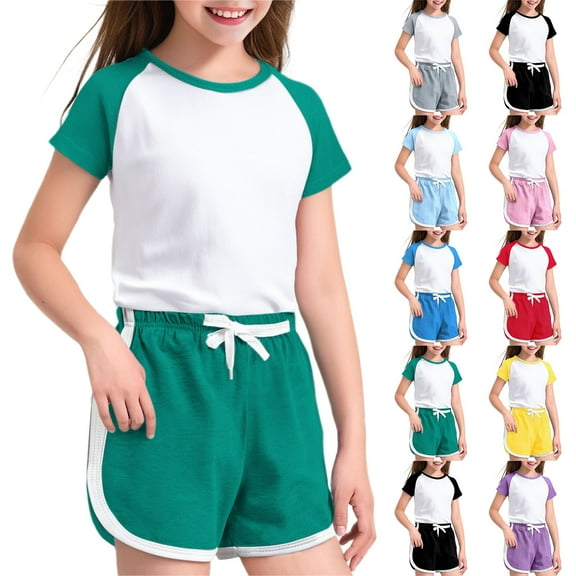 Coerni Kids Athletic Outfits Two Piece Toddler Boys Girls Summer Shorts Set Cotton Short Sleeve Tshirt Drawstring Outfit