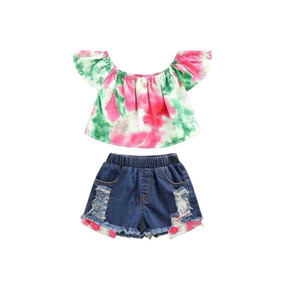 Coerni Kids Baby Girls Outfits Tie Dye Off Shoulder Crop Tops   Denim Shorts Set Toddler Summer Cute Clothes Set 2pcs