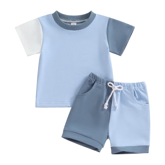 Coerni Kids Boys' Summer Set Round Neck Short Sleeve Color Matching T Shirt Shorts with Pockets Little Boys Clothing Set