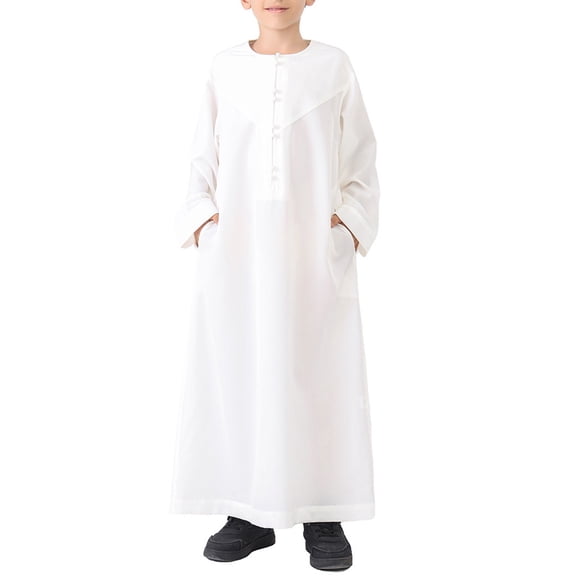 Coerni Kids Boys Thobe Muslim Abaya Solid Color Ethnic Robe Prayer Clothes Long Sleeve Button Isl𝐚mic Kaftan D𝐮bai Clothes