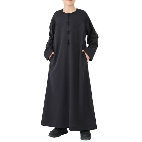 Coerni Kids Boys Thobe Muslim Abaya Solid Color Ethnic Robe Prayer Clothes Long Sleeve Button Isl𝐚mic Kaftan D𝐮bai Clothes