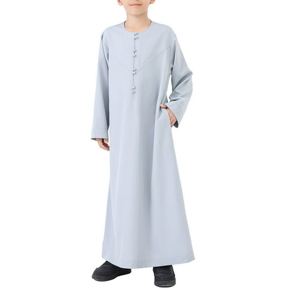 Coerni Kids Boys Thobe Muslim Abaya Solid Color Ethnic Robe Prayer Clothes Long Sleeve Button Isl𝐚mic Kaftan D𝐮bai Clothes