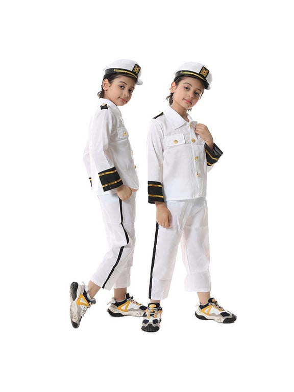 Coerni Kids Career Dress-Up Outfits Naval Uniform Ship Captain Uniform Suit Set with Hat Toddler School Dramatic Halloween Party Role Play Wear