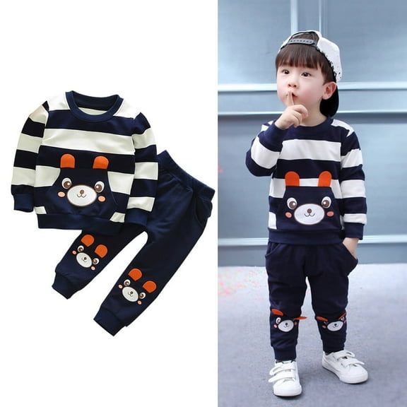 Coerni Kids Clothes Set Toddler Baby Girl Boy Autumn Winter Warm Striped Bear Pullover Sweatshirt Tops Pants Outfits