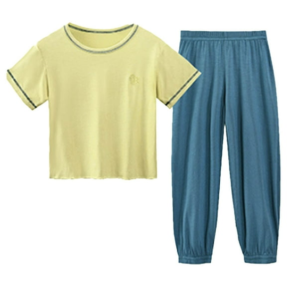 Coerni Kids Girls Boys Cotton Pajamas Sleepwear 2 Piece Short Sleeve Tops Long Pants Pjs Toddler Solid Outfit Loungewear