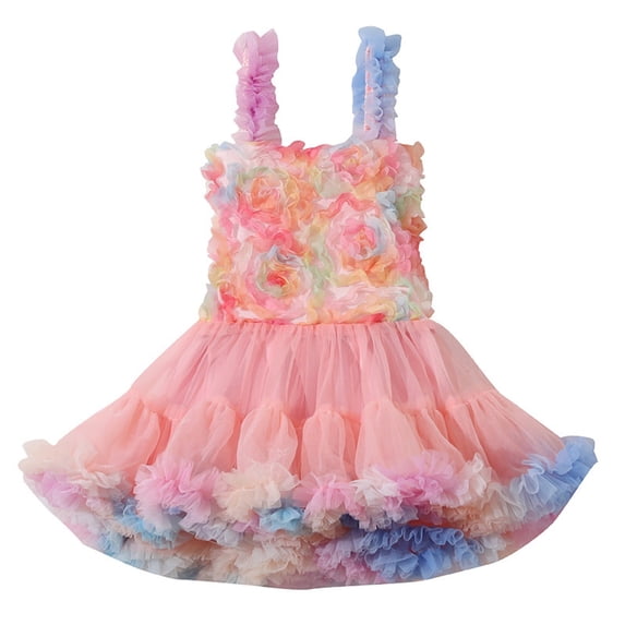 Coerni Kids Girls Colorful Strap Mesh Tulle Dress Toddler Sleeveless Flutter Rainbow Swing Birthday Party Formal Dress