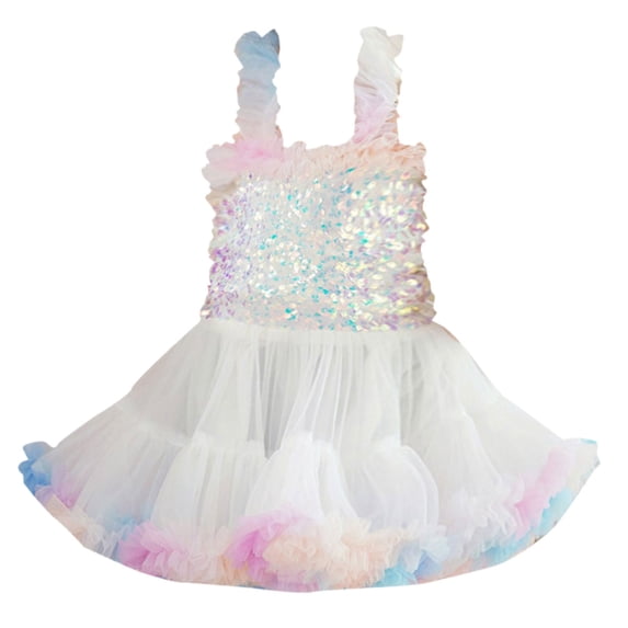 Coerni Kids Girls Colorful Strap Mesh Tulle Dress Toddler Sleeveless Flutter Rainbow Swing Birthday Party Formal Dress