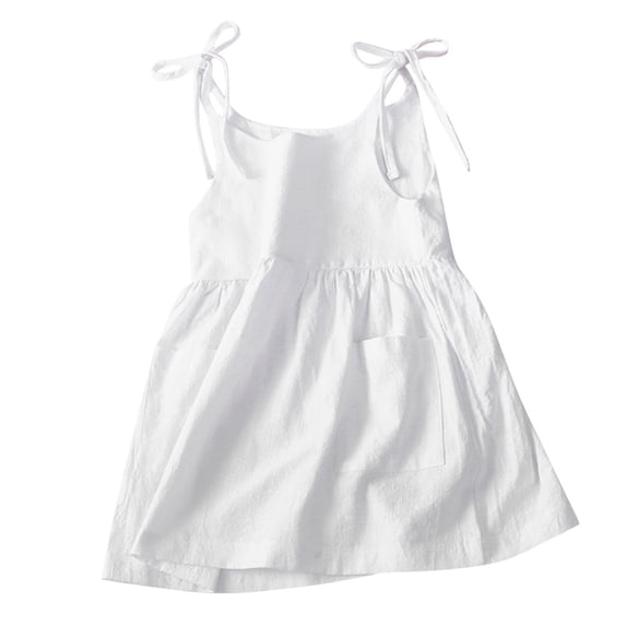 Coerni Kids Girls Dress Cotton Linen Straps Dresses Summer Soild Bow Straps Sleeveless Beach Sundress with Pockets