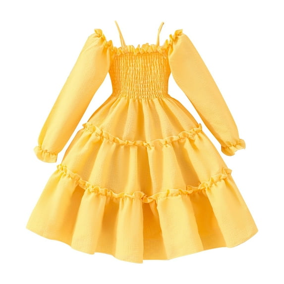 Coerni Kids Girls' Dress Solid Color Long Sleeve Hanging Strap Off Shoulder Tie Dress Party Birthday Dresses for Girls 2-7 Years