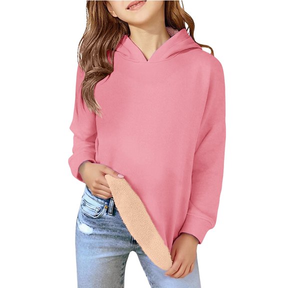 Coerni Kids Girls Fleece Lined Hoodie, Cozy Long Sleeve Sweatshirts, Solid Color Pullover Tops, Fall Winter Casual Outfits