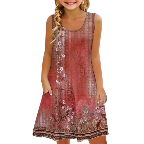 Coerni Kids Girls Floral Sleeveless Dress Scoop Neck Elegant Sundress Flowy A Line Dresses Flower Print Knee Length Dress