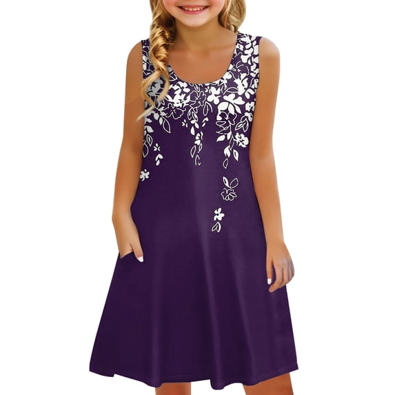 Coerni Kids Girls Floral Sleeveless Dress Scoop Neck Elegant Sundress Flowy A Line Dresses Flower Print Knee Length Dress