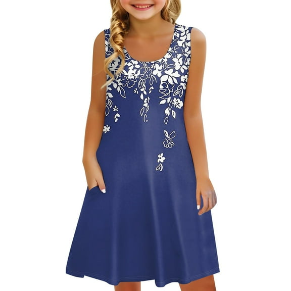 Coerni Kids Girls Floral Sleeveless Dress Scoop Neck Elegant Sundress Flowy A Line Dresses Flower Print Knee Length Dress