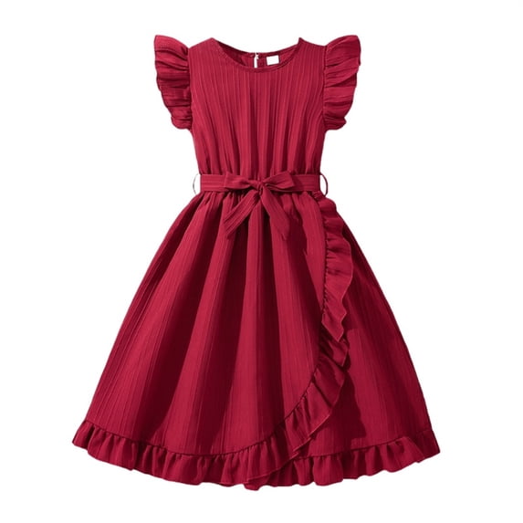 Coerni Kids Girls Flutter Sleeve Pleated Casual Dress Front Ruffle Swing Smocked Dresses Toddler Solid Dance Birthday Frocks