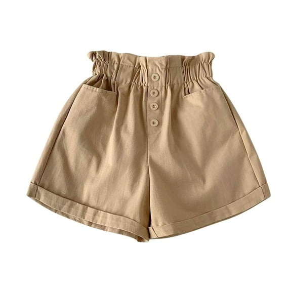 Coerni Kids Girls High Waisted Shorts Solid Color Summer Fashion Button Elastic Waist Shorts with Pockets 5﹣14 Years