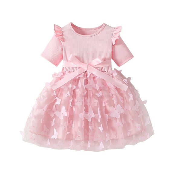 Coerni Kids Girls Patchwork Midi Dress Ruffled Short Sleeve Dresses Butterfly Embellished Tulle Dress A Line Princess Ball Gown