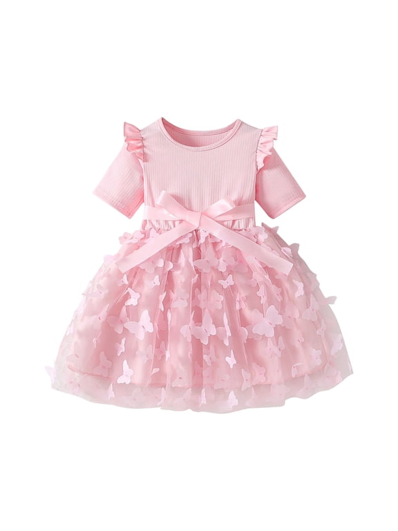 Coerni Kids Girls Patchwork Midi Dress Ruffled Short Sleeve Dresses Butterfly Embellished Tulle Dress A Line Princess Ball Gown