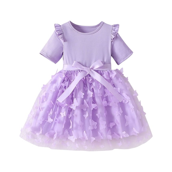 Coerni Kids Girls Patchwork Midi Dress Ruffled Short Sleeve Dresses Butterfly Embellished Tulle Dress A Line Princess Ball Gown