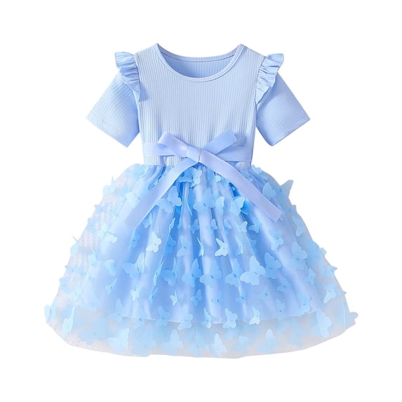 Coerni Kids Girls Patchwork Midi Dress Ruffled Short Sleeve Dresses Butterfly Embellished Tulle Dress A Line Princess Ball Gown