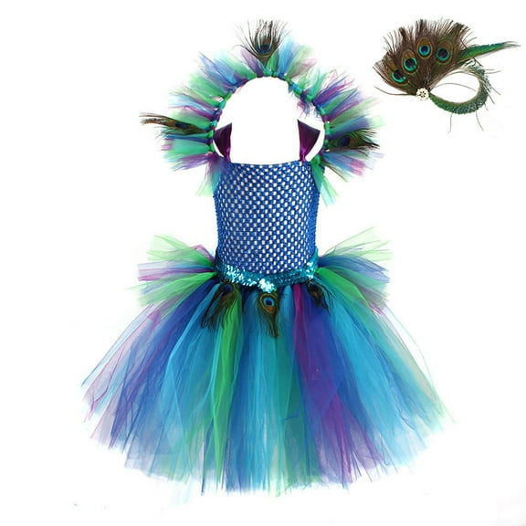 Coerni Kids Girls Peacock Feather Tutu Mesh Dress Princess Model Catwalk Performance Tail Dress Up Parties Carnival Princess Dress