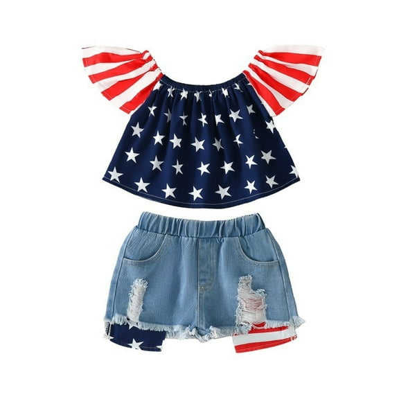 Coerni Kids Girls Summer Clothes Baby Girls Shorts Sets Independence Day Short Sleeve Shirts T-shirt with Denim Shorts