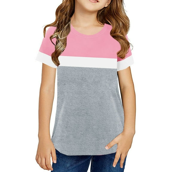 Coerni Kids Girls Top Summer Short Sleeved Round Neck Color Matching T Shirt Birthday Toddler Long Sleeve Shirts Top Clothes