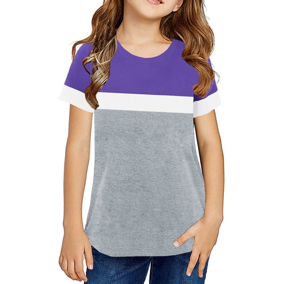 Coerni Kids Girls Top Summer Short Sleeved Round Neck Color Matching T Shirt Birthday Toddler Long Sleeve Shirts Top Clothes