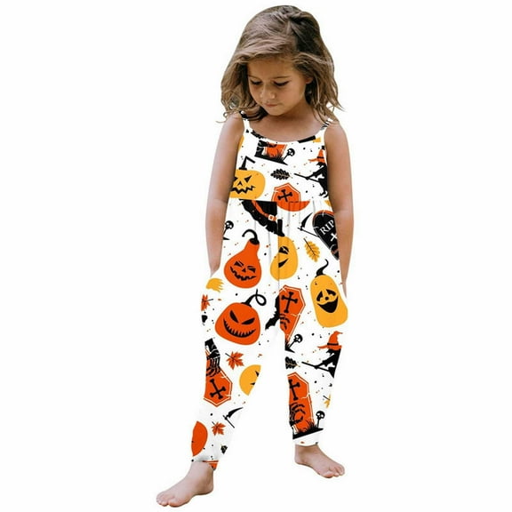 Coerni Kids Halloween Jumpsuit Toddler Girls Halter Backless Romper Baby Kid Jumpsuit Pants Clothes with Pocket Size 1-6 T