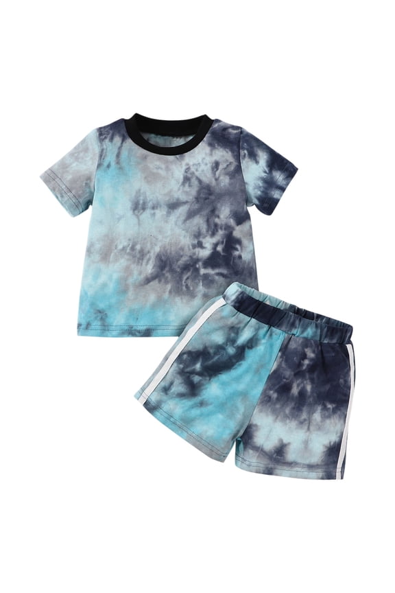 Coerni Kids Little Boys Summer Tie Dye Outfits&Set Short Sleeved Round Neck Colorful Suit Boys Outdoor Casual Clothes