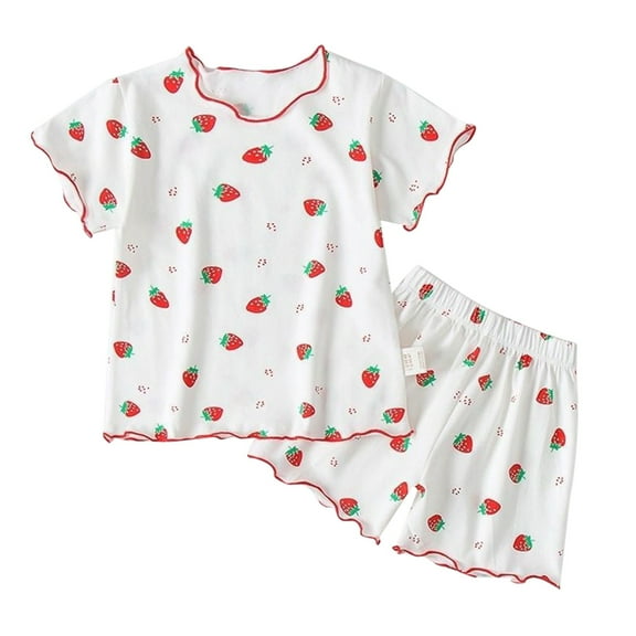 Coerni Kids Pajamas Girls Outfit Pjs Set Conditioning Sleepwear Ribbed Floral Pattern Wooden Ear Edge Short Sleeve Pajama