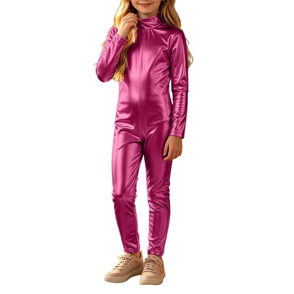 Coerni Kids Shiny Metallic Onesie Stretchy Long Sleeve Leotard Bodysuit Halloween Carnival Party Stage Performance One-Piece Clothes