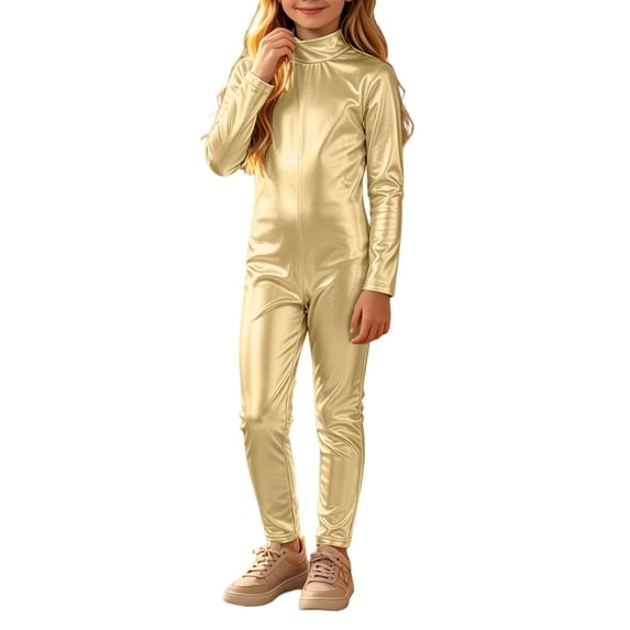 Coerni Kids Shiny Metallic Onesie Stretchy Long Sleeve Leotard Bodysuit Halloween Carnival Party Stage Performance One-Piece Clothes