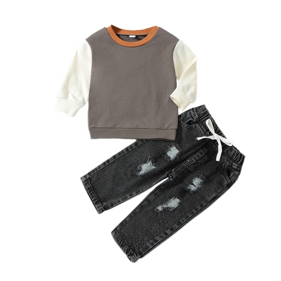 Coerni Kids Summer Outfit Soft Cotton Warm Crewneck Long Sleeve Solid Color Patchwork Top And Ripped Jeans Boys Clothes