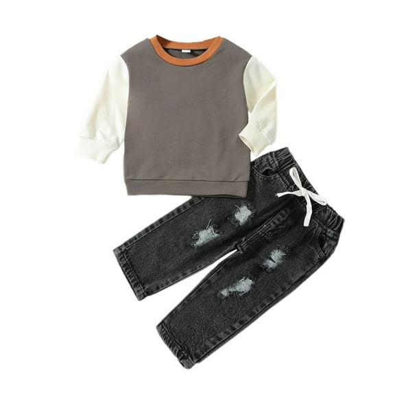 Coerni Kids Summer Outfit Soft Cotton Warm Crewneck Long Sleeve Solid Color Patchwork Top And Ripped Jeans Boys Clothes