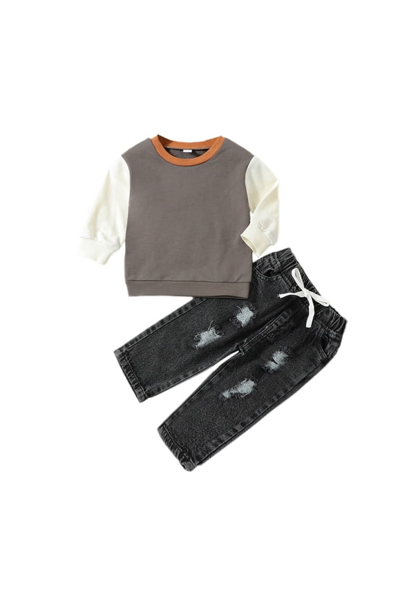 Coerni Kids Summer Outfit Soft Cotton Warm Crewneck Long Sleeve Solid Color Patchwork Top And Ripped Jeans Boys Clothes