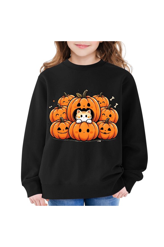 Coerni Kids Unisex Halloween Sweatshirt Cute Pumpkin Cat Graphic Long Sleeve Pullovers Boys Girls Fall Casual Crewneck Tops
