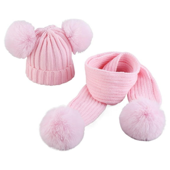 Coerni Kids Winter Hats 2PCS Baby Knitting Wool Hemming Keep Warm Winter Hiarball Cap Hat   Scarf Set Youth Scarf Girl