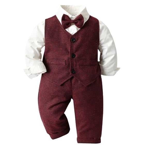 Coerni Little Boys Gentleman Formal Suit Set with Vest,Pant,Shirt,and Bow Tie,Baby Boys Long Sleeve Wear Weding 4Pcs Outfit