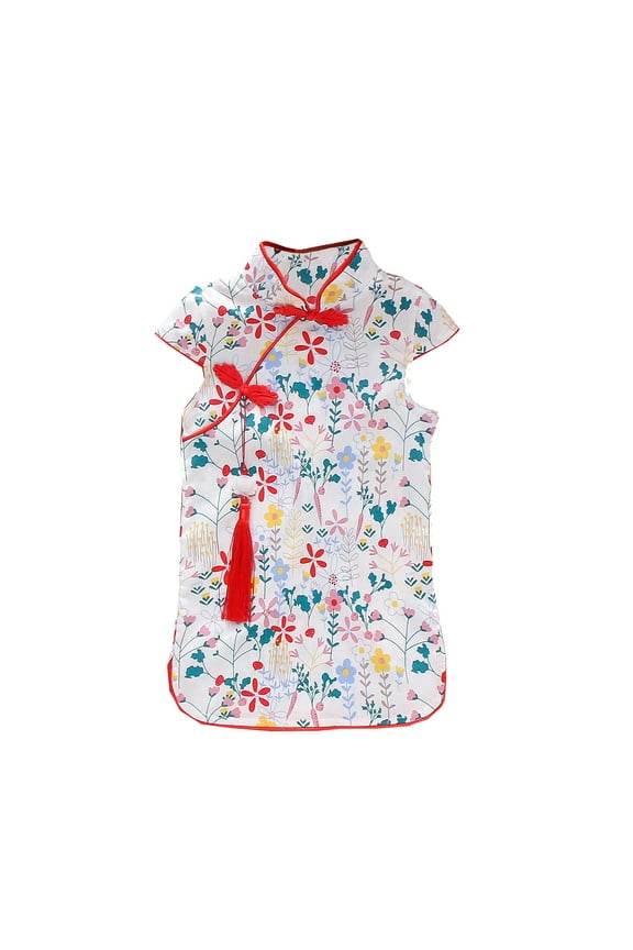 Coerni Little Girl Floral Printed Dress Chinese Qipao Toddler Baby Girls Short Sleeve Sleeve Cheongsam Summer Princess Dress