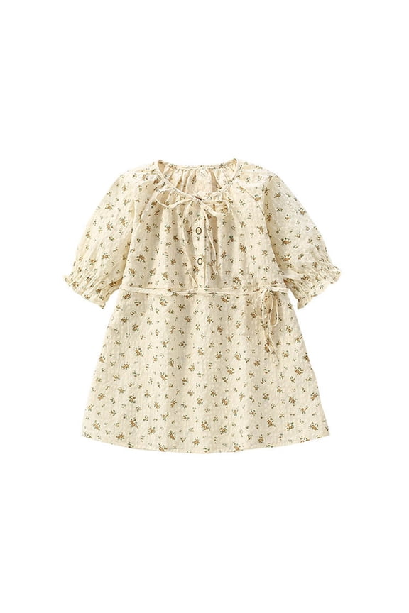 Coerni Little Girl Round Neck Floral Print Swing Dress Simple Frock Short Fly Sleeve Dress Kids Cute Rustic Summer Outfits