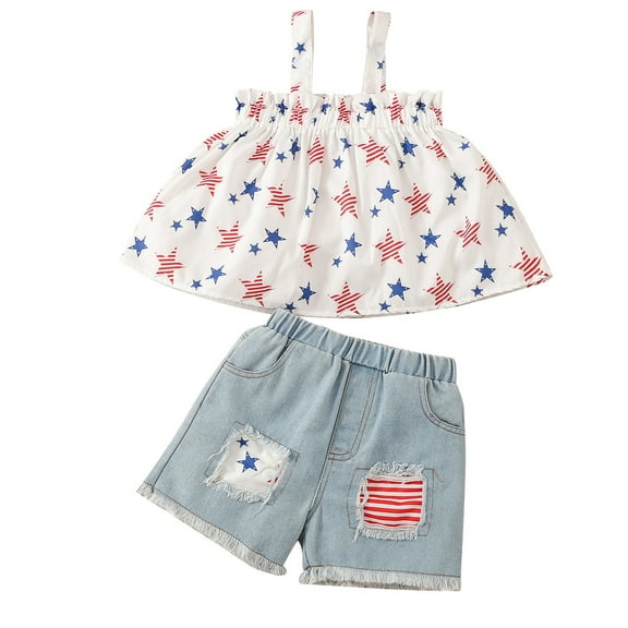 Coerni 4th of July Baby Girl Birthday Outfit Letter Sleeveless Tank Tops Skirt Organic Cotton Ripped Denim Jeans Summer Outfits