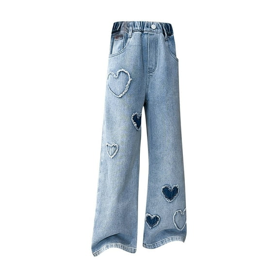 Coerni Little Girls Jeans Elastic Waist Wide Leg Baggy Pants Kids Classic Cute Distressed Long Denim Pants Clothes